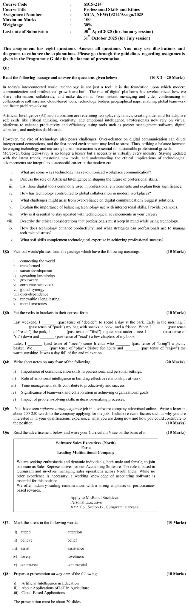 MCS-214 - Professional Skills and Ethics-January 2025- July 2025