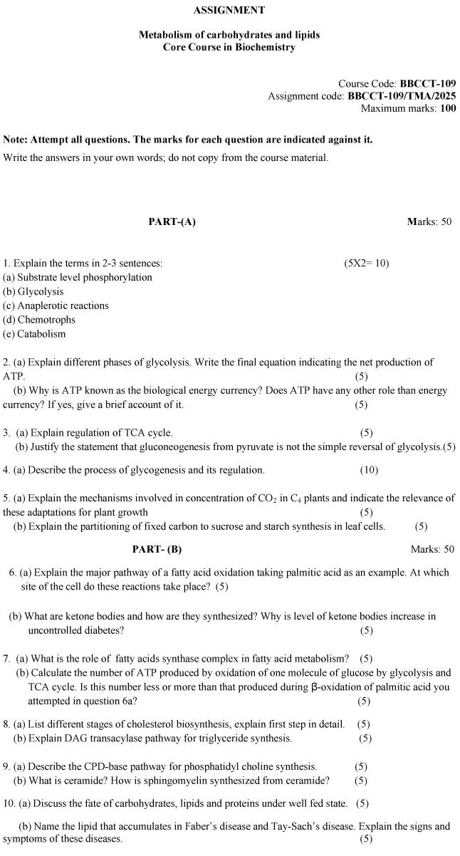 BBCCT-109 - Metabolism of Carbohydrates and Lipids-January 2025 - December 2025