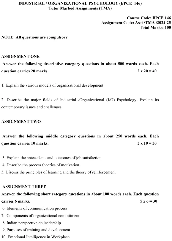 BPCE-146 - Industrial/Organisational Psychology-July 2024 - January 2025