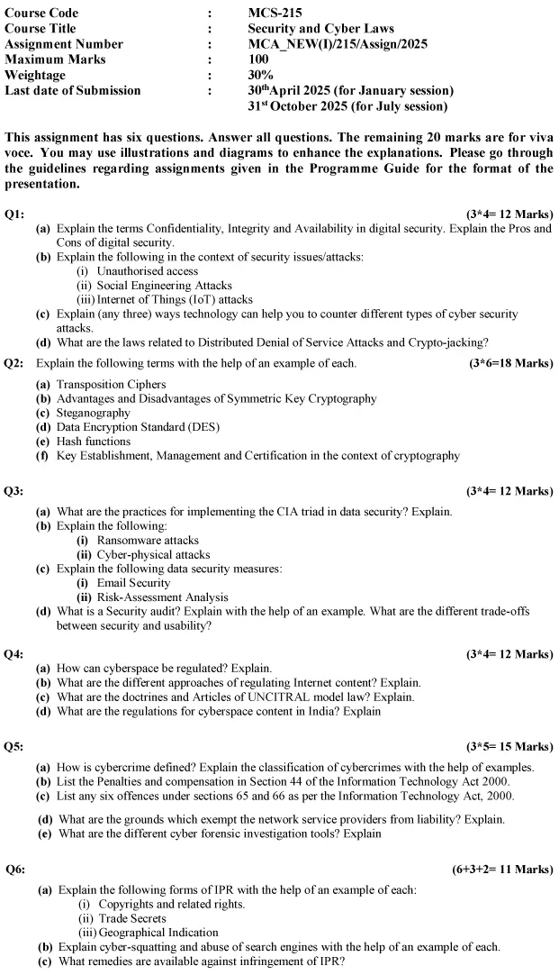 MCS-215 - Security and Cyber Laws-January 2025- July 2025