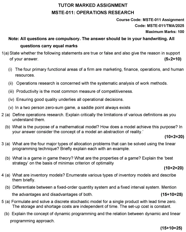 MSTE-11 - Operations Research*-January 2025 - December 2025