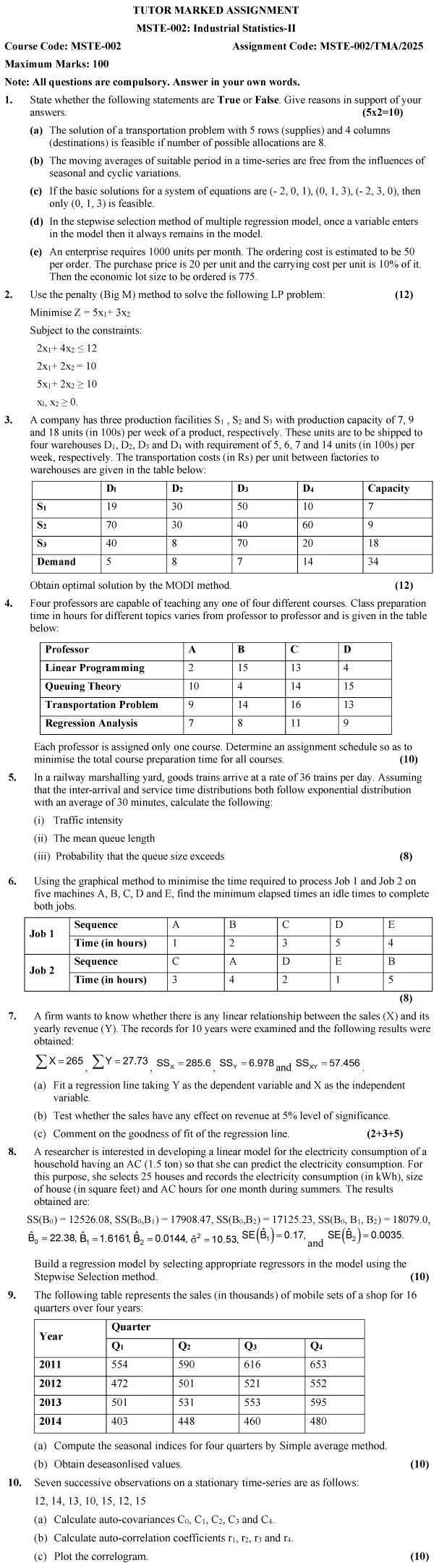 MSTE-02 - Industrial Statistics -II-January 2025 - December 2025