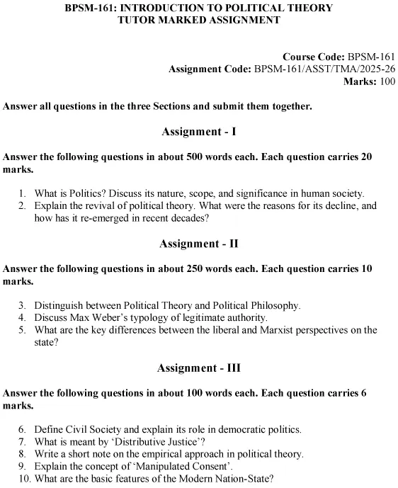 BPSM-161 - Introduction to Political Theory-July 2024 - January 2026