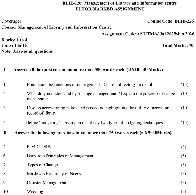 BLIE-226 - Management of Library and Information Centre-July 2025 - January 2026