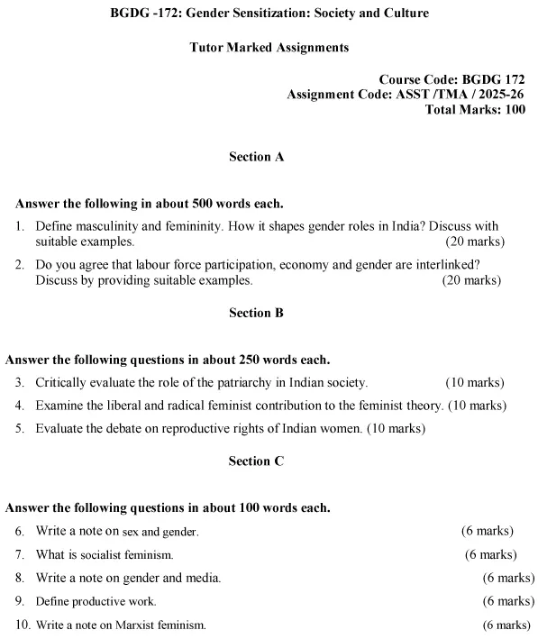 BGDG-172 - Gender Sensitization: Society and Culture-July 2025 - January 2026
