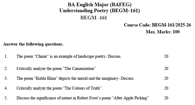 BEGM-161 - Understanding Poetry-July 2025 - January 2026