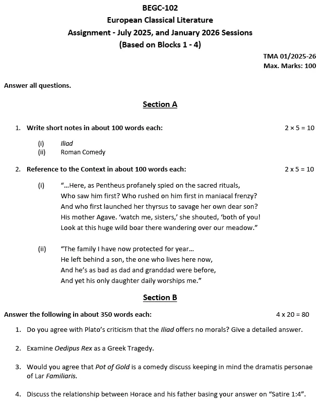 BEGC-102 - European Classical Literature-BAFEG-July 2025 - January 2026