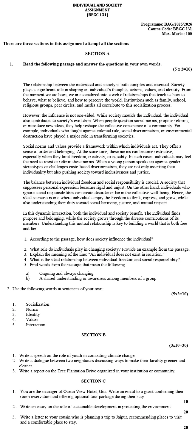 BEGC-131 - Individual and Society-BAM-July 2025 - January 2026