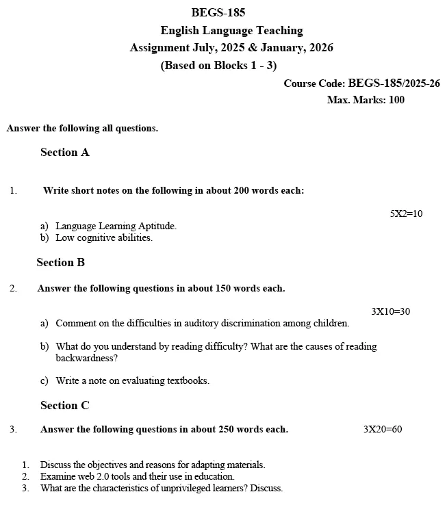 BEGS-185 - English Language Teaching-July 2025 - January 2026