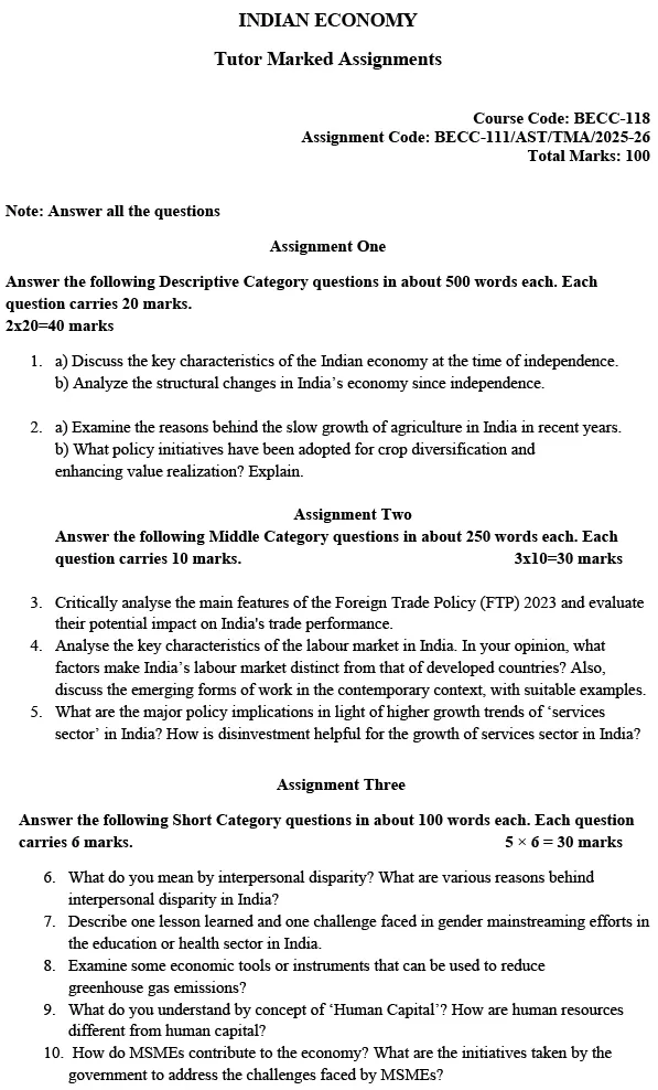 BECC-118 - Indian Economy-July 2025 - January 2026