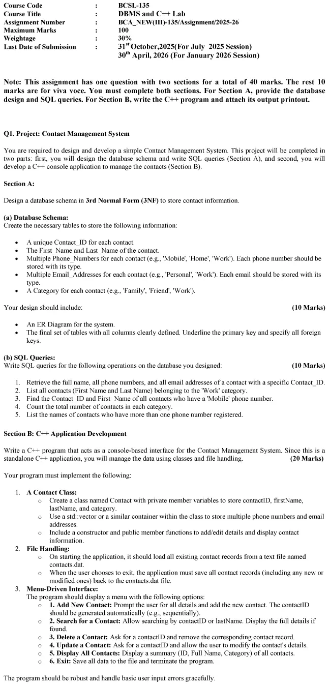 BCSL-135 - DBMS and C++ Lab-July 2025 - January 2026